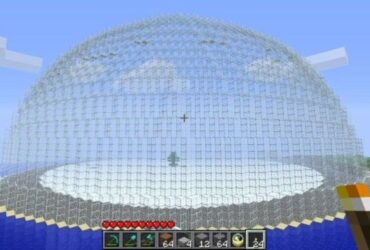 Minecraft player constructing a curved dome roof using stone blocks and architectural techniques