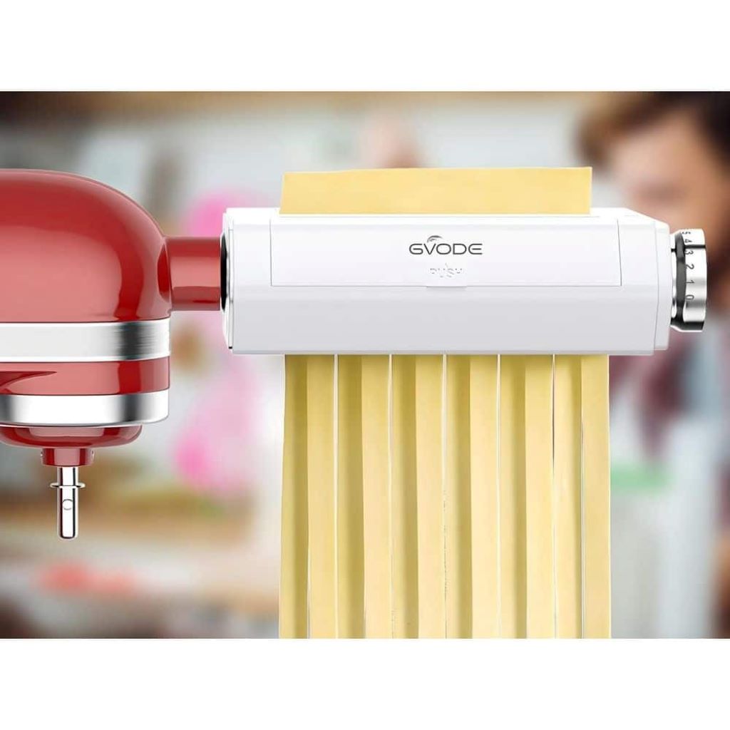 Close-up of the GVODE 3-in-1 attachment highlighting its pasta-making functions.