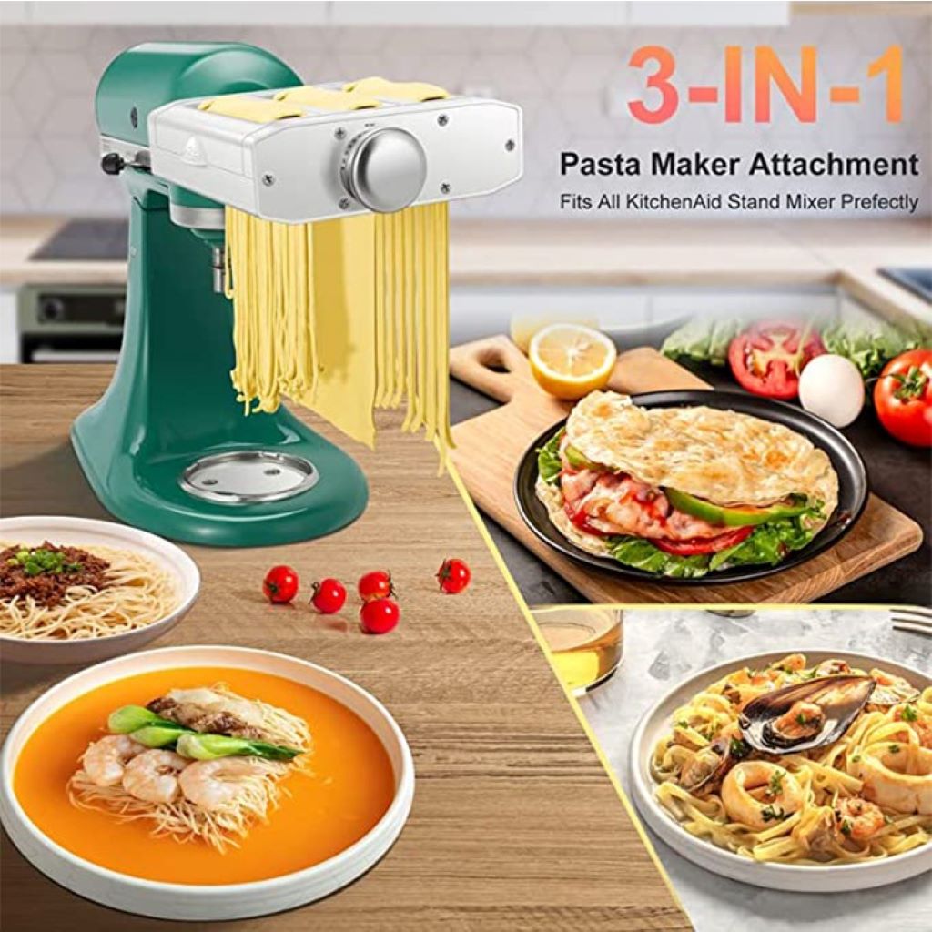 KitchenAid mixer using the GVODE 3-in-1 attachment to create homemade pasta.