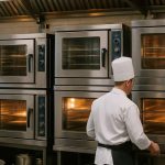 Busy professional kitchen staff using commercial oven