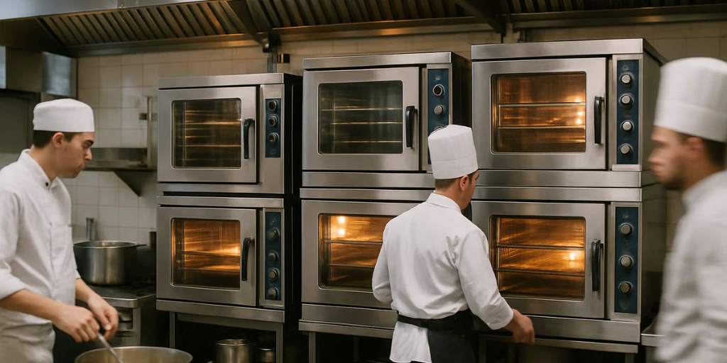 Busy professional kitchen staff using commercial oven