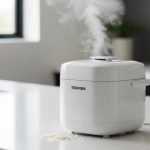 Compact white Toshiba 3-Cup Mini Rice Cooker on kitchen counter with steam rising
