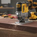DEWALT 20V MAX XR Jig Saw cutting through hardwood with precision and low vibration.