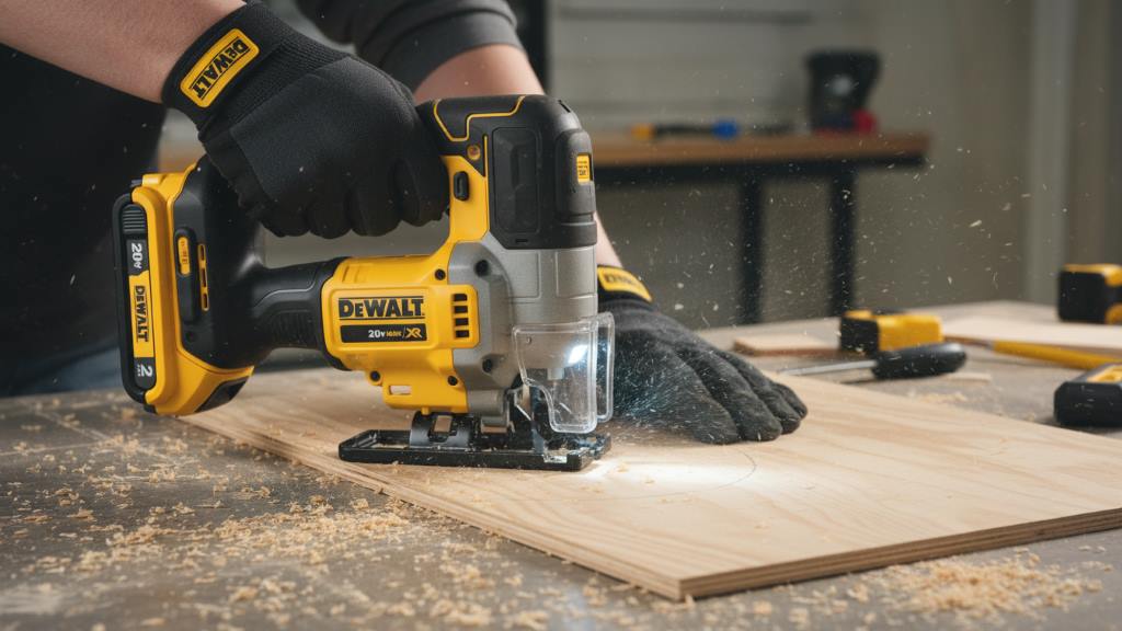 Ergonomic D-handle grip of the DEWALT 20V MAX XR Jig Saw in use during a woodworking project.