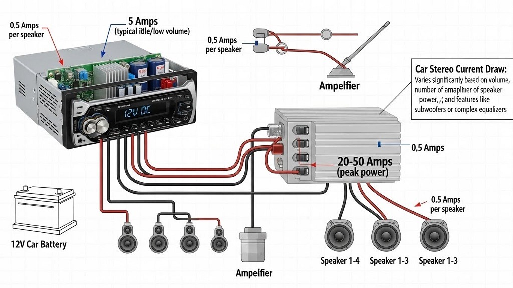 How many amps does a car stereo draw with the volume at zero