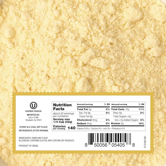 Bag of ONE IN A MILL semolina flour with fresh pizza, pasta, and bread