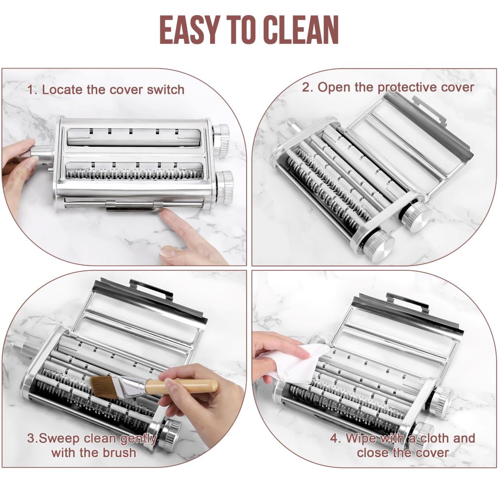 Close-up of homemade pasta being rolled and cut using RAFBAR 3-in-1 attachment.