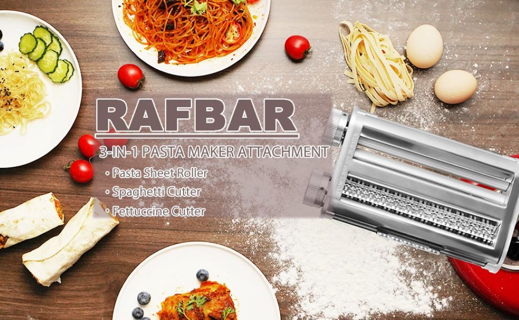 Kitchen setup showing RAFBAR 3-in-1 attachment making fresh pasta effortlessly