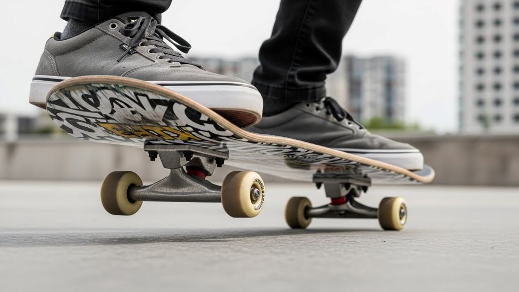 Close-up of skater's feet showing correct positioning and angle on skateboard for optimal balance