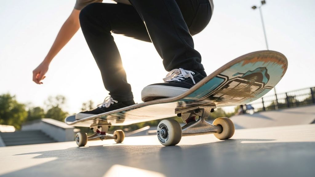 Beginner skateboarder demonstrating proper foot placement and stance on skateboard deck