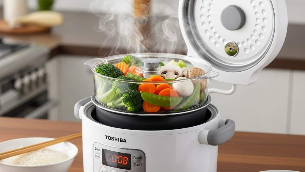 Toshiba 3-Cup Mini Rice Cooker steaming vegetables in basket accessory