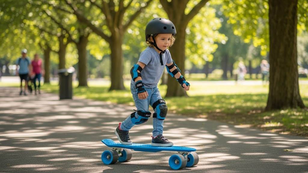 Beginner kid learning balance on a wide cruiser skateboard, practicing pushes in a park with protective gear