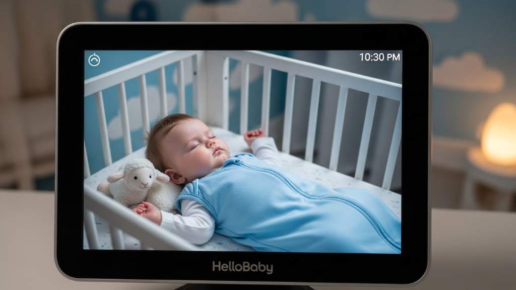 HelloBaby 4.3 baby monitor screen showing clear baby image in nursery setting