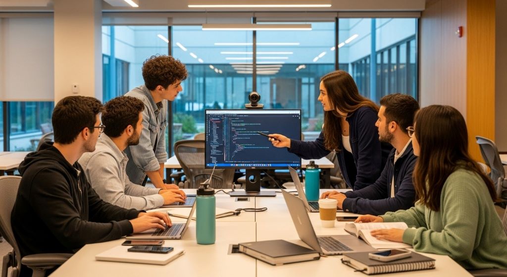 Students collaborating on computer programming project in modern classroom setting
