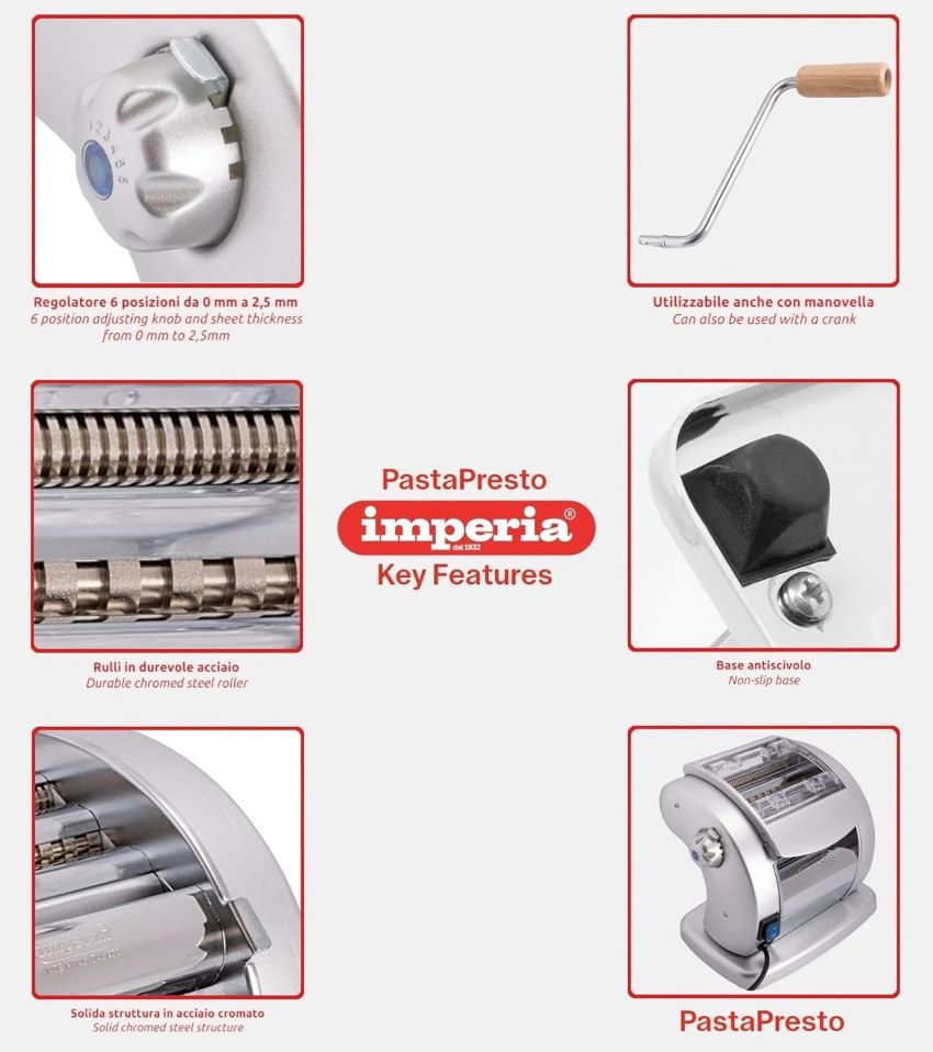 Close-up of the Imperia Pastapresto electric pasta maker’s durable Italian construction and pasta extrusion.