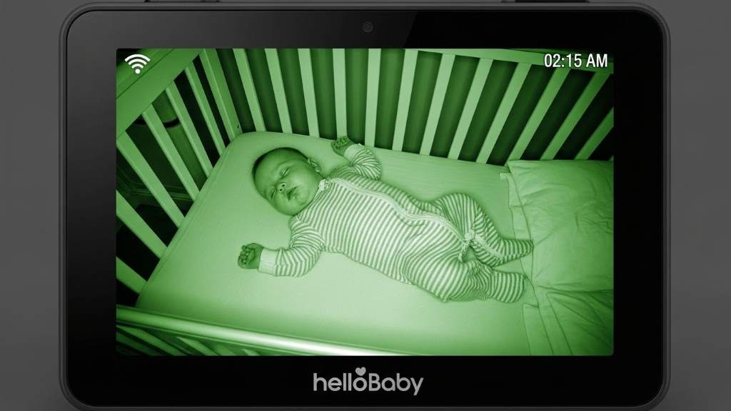 Night vision view on HelloBaby 4.3 baby monitor displaying sleeping infant in crib