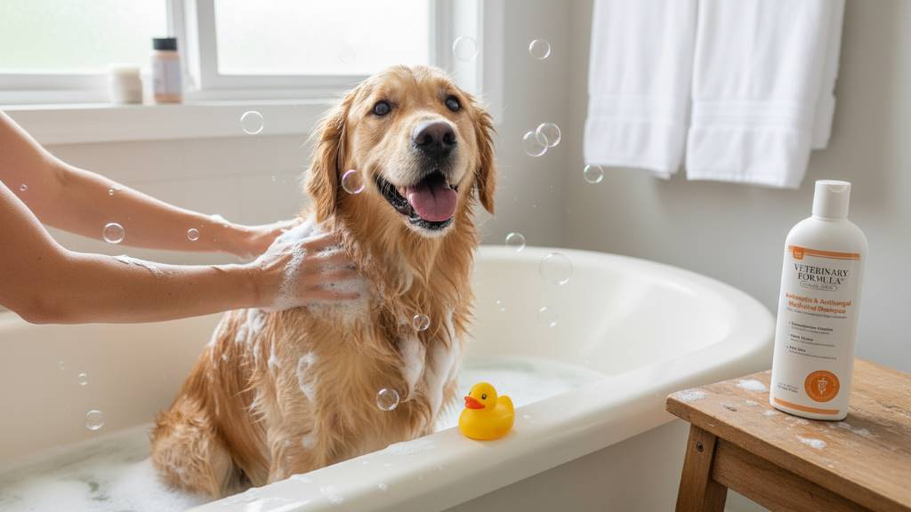 Playful dog enjoying a gentle bath with medicated shampoo for allergy relief