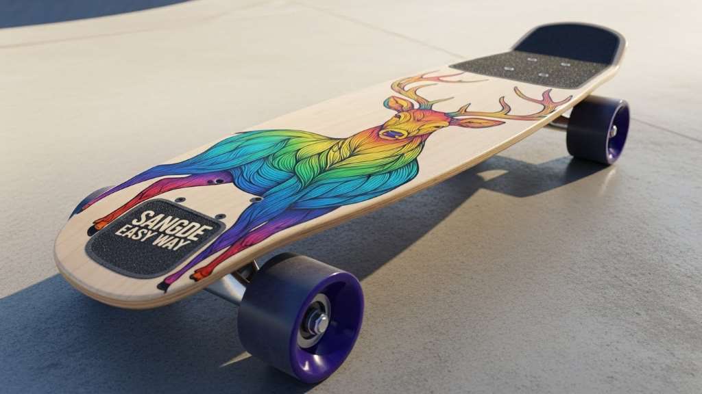 Sangde Easy Way 31-inch cruiser skateboard with colorful deer graphic on maple deck, ready for beginner riders.