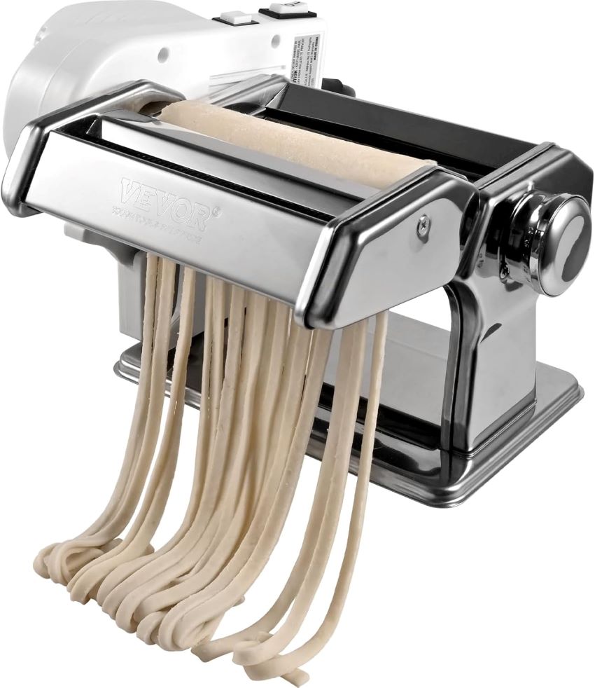 Fresh homemade pasta being made with the VEVOR electric pasta machine in a home kitchen.