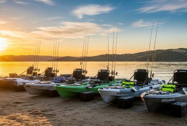 Wide fishing kayak designed for big anglers standing and casting on calm lake