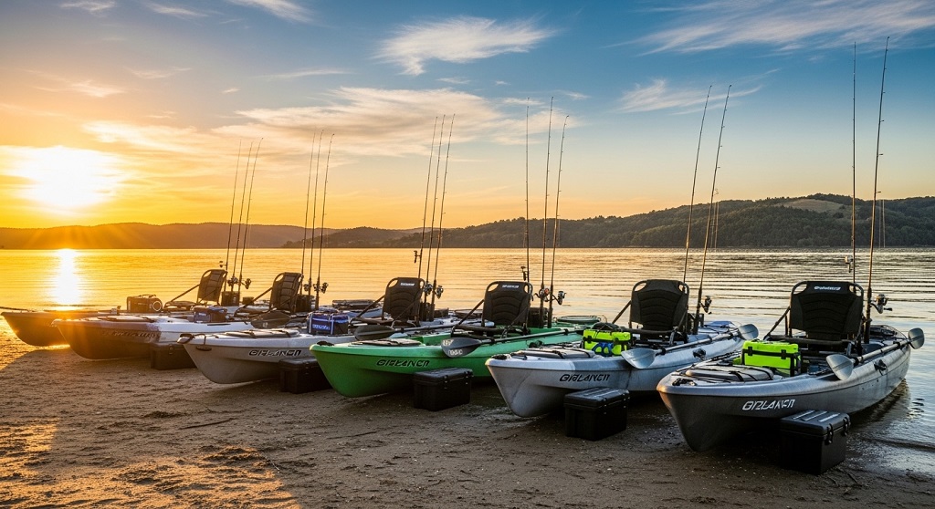 Wide fishing kayak designed for big anglers standing and casting on calm lake