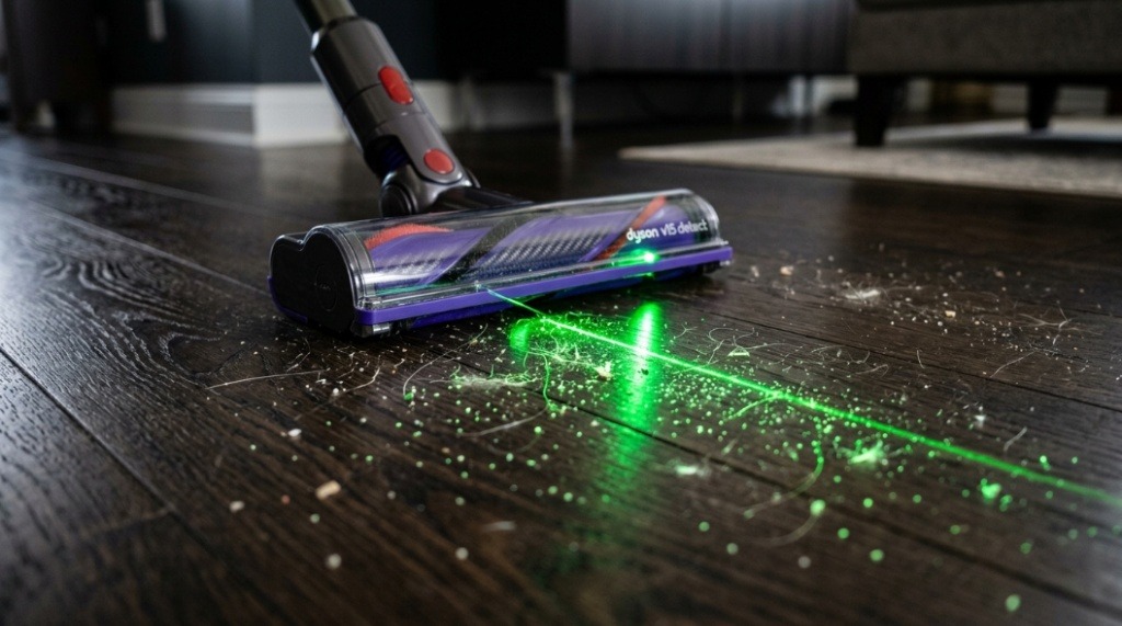 Close-up of Dyson V15 green laser illuminating dust on a hardwood floor surface.