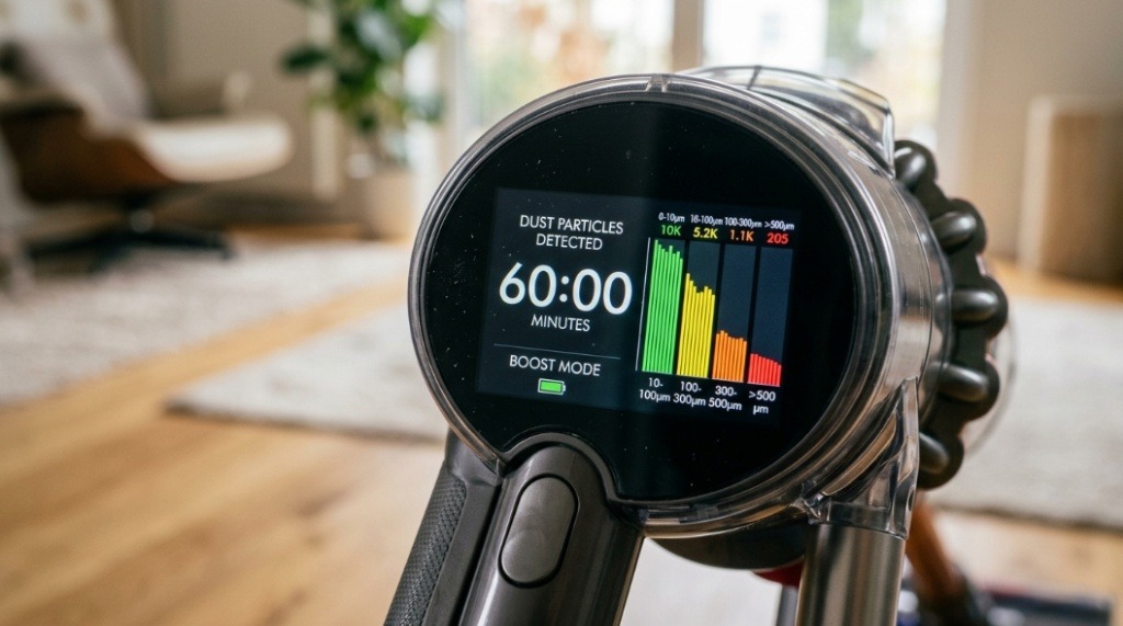 Macro shot of the Dyson V15 LCD screen displaying real-time dust count and battery life.