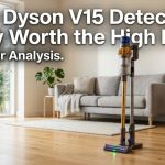 Dyson V15 Detect cordless vacuum in a modern living room with review title overlay.