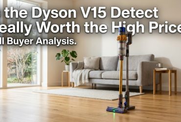 Dyson V15 Detect cordless vacuum in a modern living room with review title overlay.