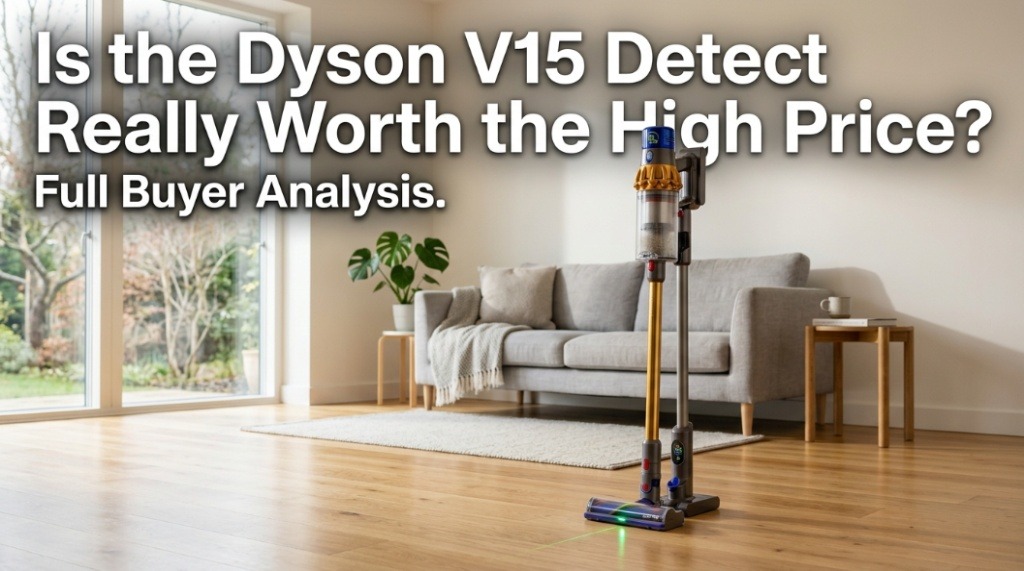 Dyson V15 Detect cordless vacuum in a modern living room with review title overlay.