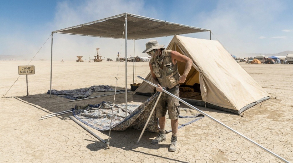A camper setting up a shade structure and tent on the playa at Black Rock City Nevada