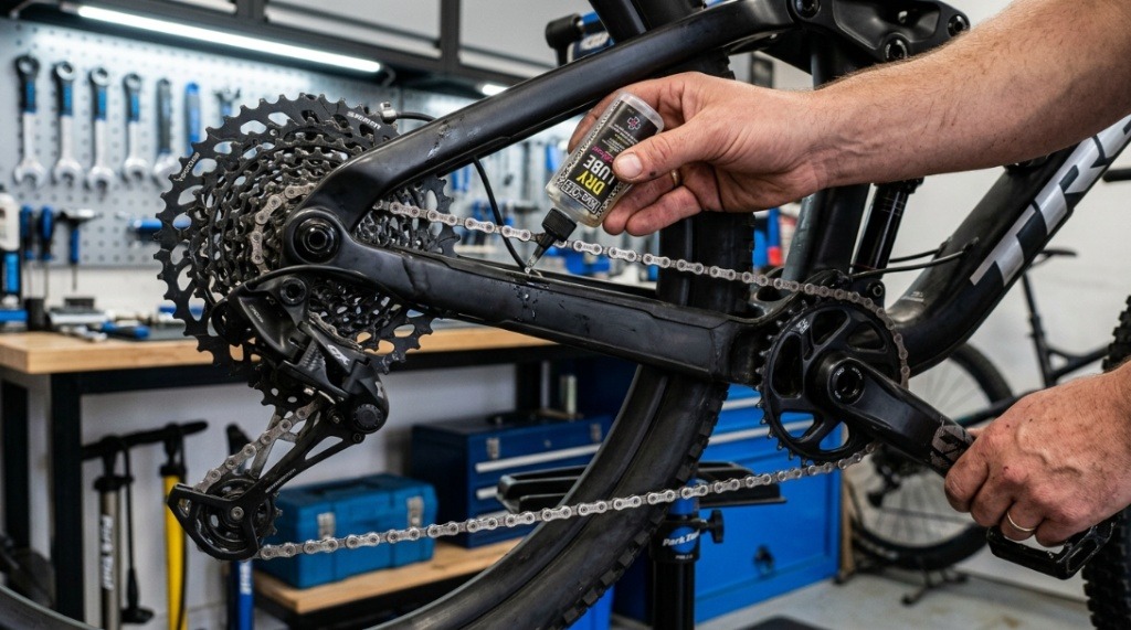 Hands carefully applying specialized dry wax lubricant to a mountain bike chain.