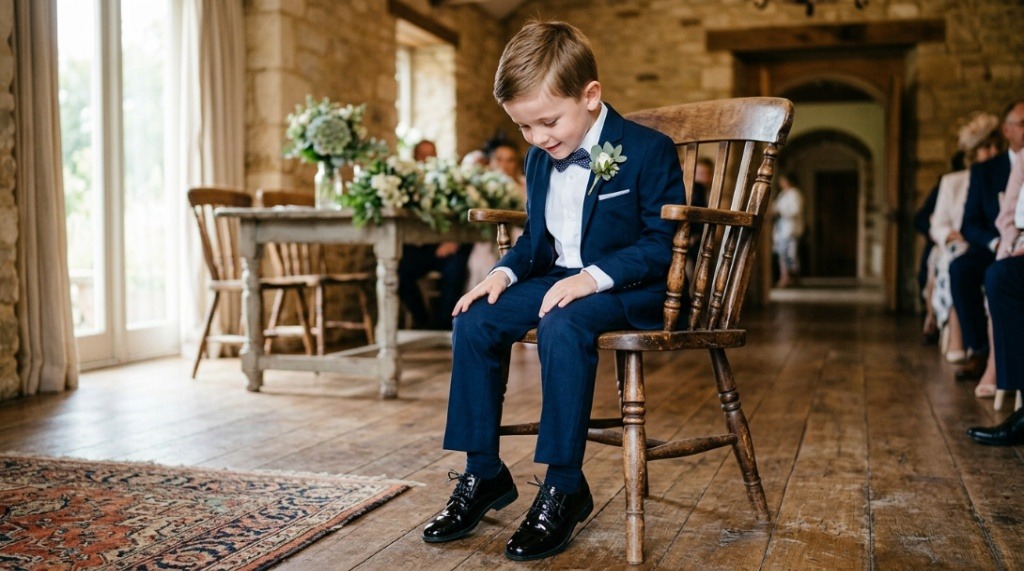 Close up shot stylish brown leather boys wedding shoes velcro straps.