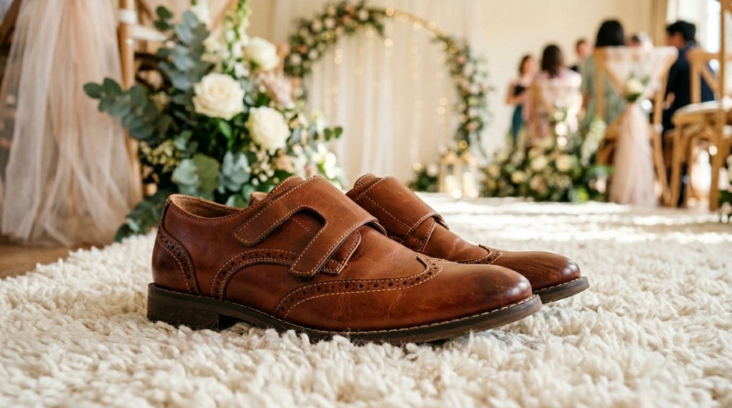 Young boy wearing dark navy suit and polished black leather wedding shoes.