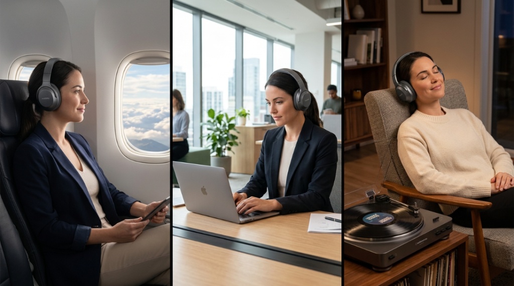 Alt Text: Wireless headphones folded next to a passport and boarding pass on a terminal seat.