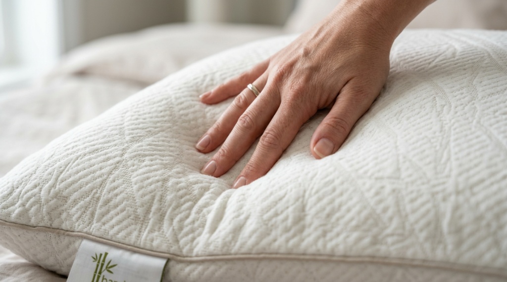 A close-up shot of a hand pressing into a soft, textured memory foam pillow.