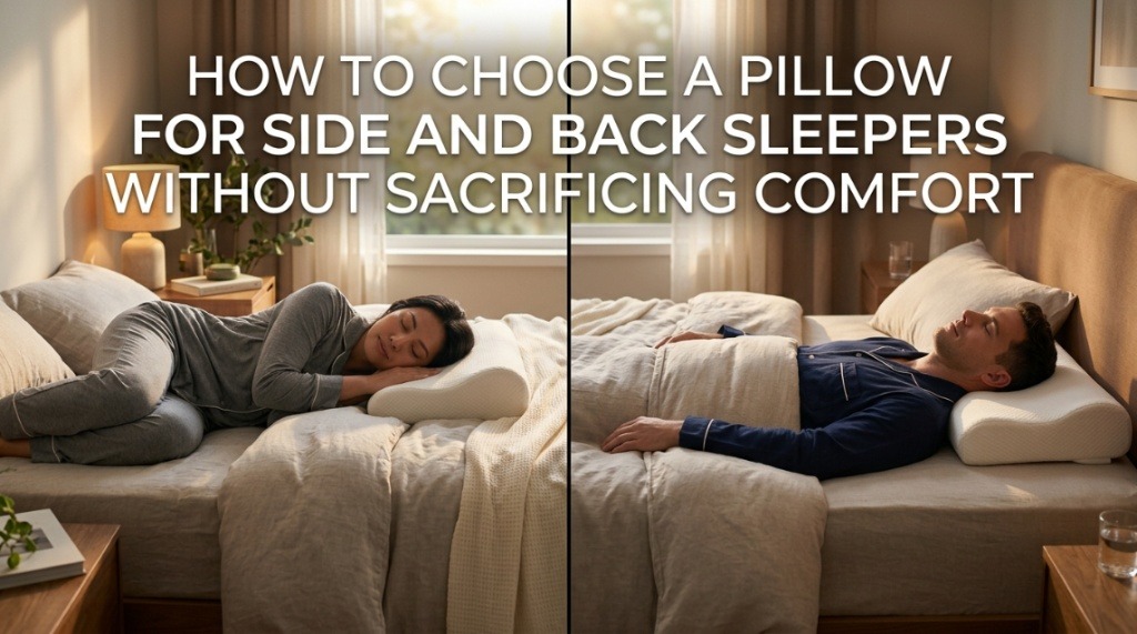 A split view of a cozy bedroom showing side and back sleepers using supportive pillows.