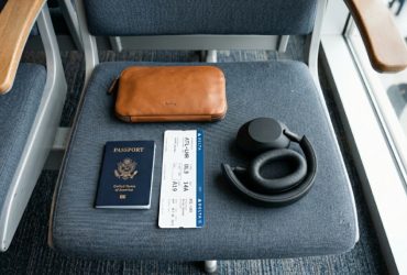 Side by side views of a person wearing wireless headphones while traveling, working, and relaxing.