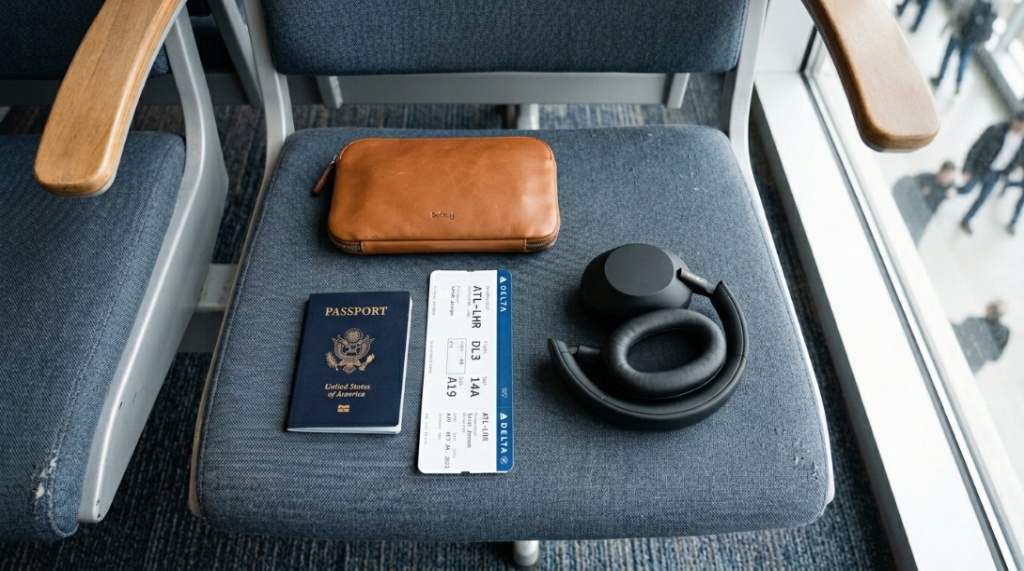 Side by side views of a person wearing wireless headphones while traveling, working, and relaxing.