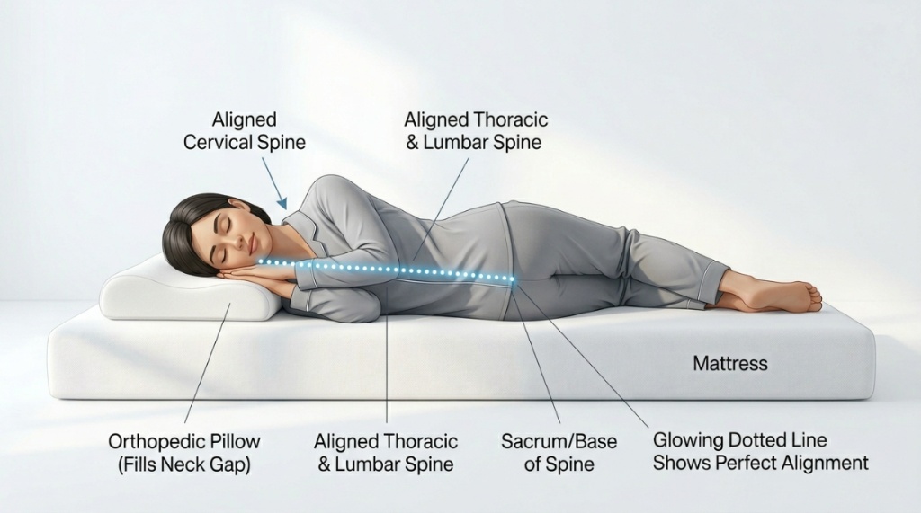 A clean diagram showing a straight aligned spine of a person resting on a side sleeper pillow.