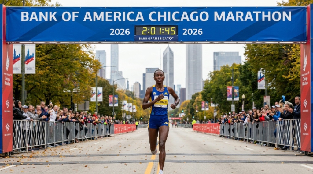 An elite runner approaching the finish line on Columbus Drive in Grant Park at the Bank of America Chicago Marathon 2026