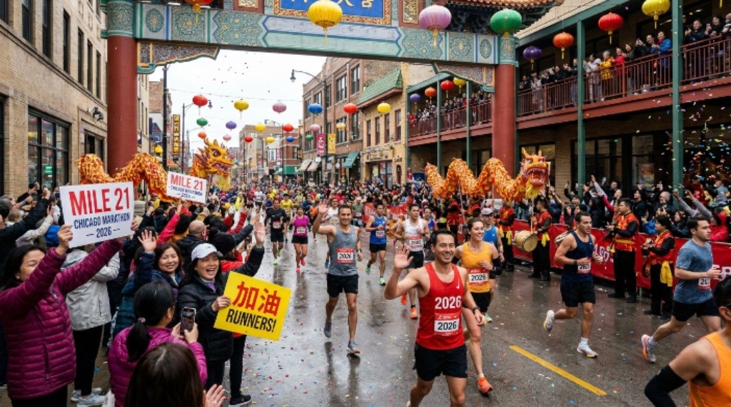 Enthusiastic spectators cheering runners through the colorful Chinatown neighborhood during the 2026 Chicago Marathon near mile 21