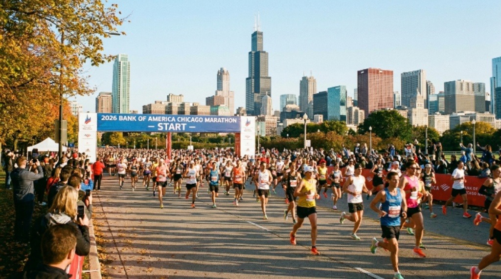 Thousands of runners crossing the start line in Grant Park at the 2026 Bank of America Chicago Marathon on a crisp October morning in Chicago