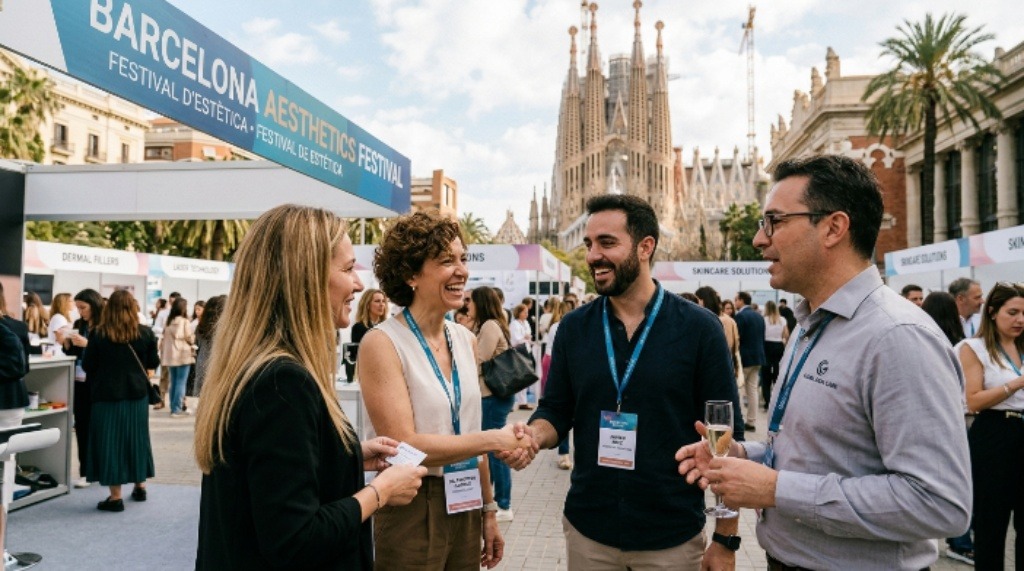 Beauty professionals networking at aesthetics festival in Barcelona
