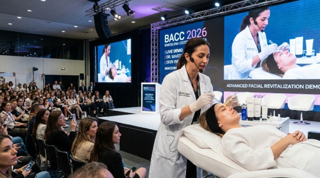 Live skincare demonstration at Barcelona aesthetics industry conference 2026