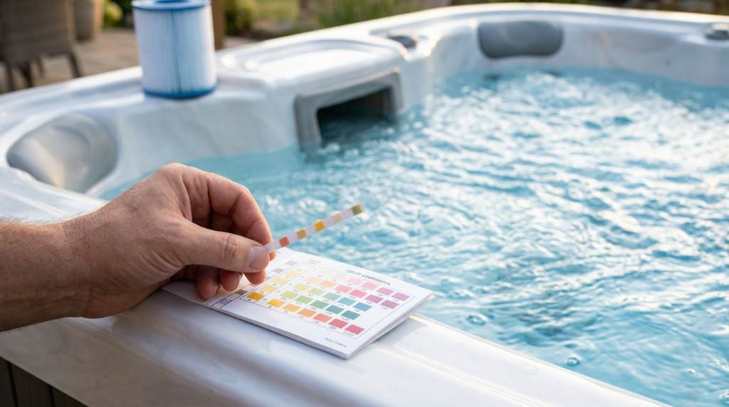 Crystal clear hot tub water with jets running in backyard setting