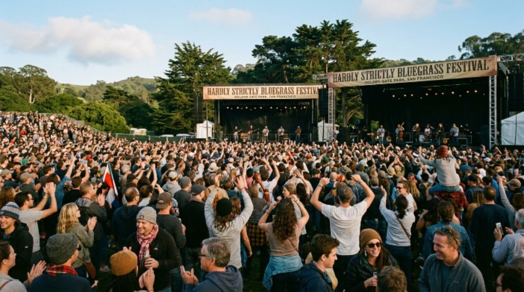 Crowd enjoying live music at Hardly Strictly Bluegrass festival in Golden Gate Park San Francisco
