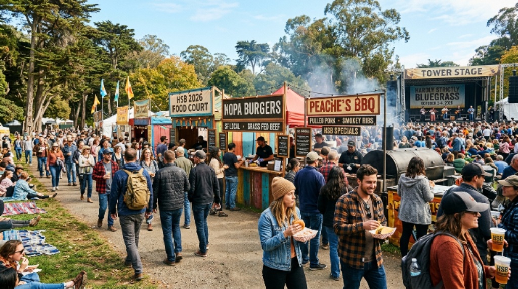 Local food vendors and festival atmosphere at Hardly Strictly Bluegrass October 2026