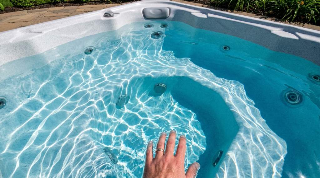 Person testing spa water with digital test kit beside hot tub