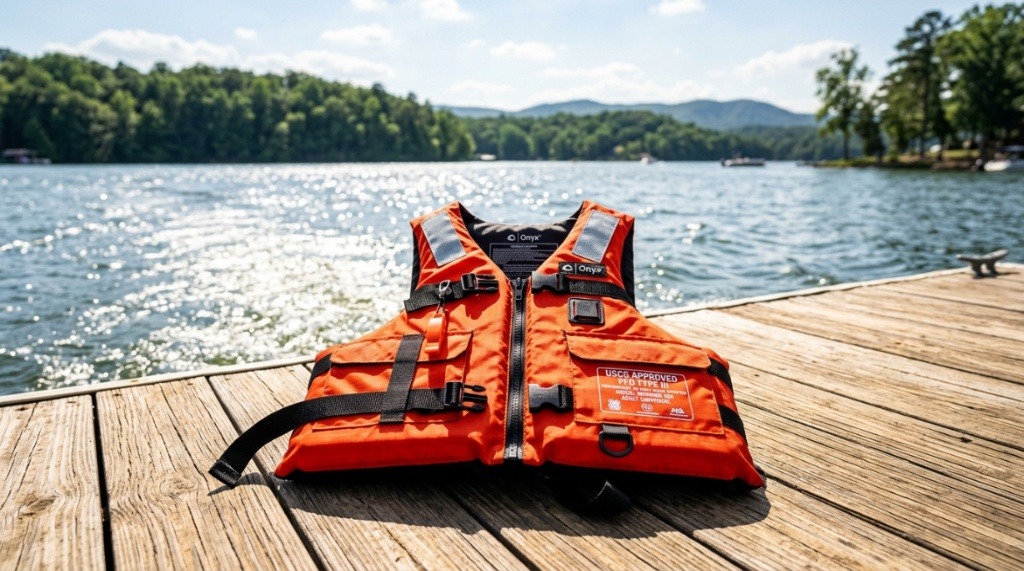 A Coast Guard approved life jacket rests on a boat deck in North Carolina.